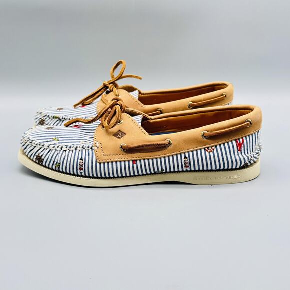 Sperry Shoes Womens 8.5 Blue White Stripe Leather Boat Nautical Embroidered - Picture 4 of 12